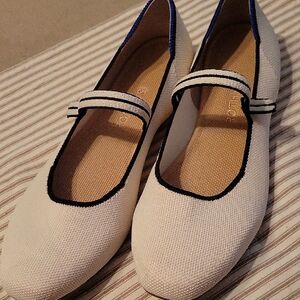 Rothy's Cream and Blue Mary Jane Flats